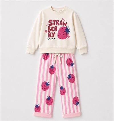 Kız Çocuk Strawberry Baskılı Çizgili Alt Üst Takım