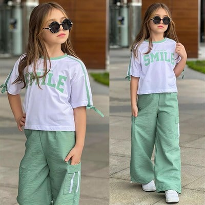 Kız Çocuk Takım Paraşüt Pantolon & Süprem Penye Tişört Şık Kombin