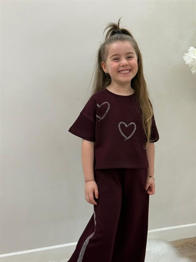 Kız Çocuk Taşlı Kalp Desenli Alt Üst Takım