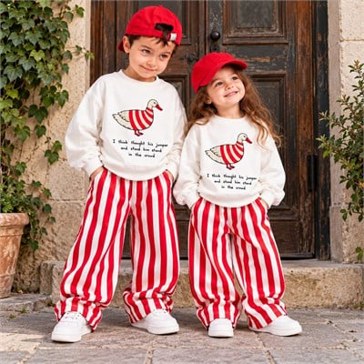 Kız Erkek Çocuk Ördek Baskılı Çizgili Gabardin Pantolonlu Sweatshirt Takım