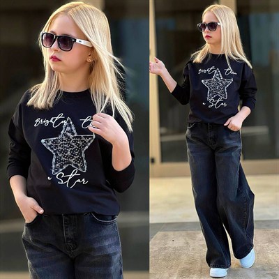 Siyah Yıldız Detaylı Sweat & Kot Pantolon Takım – Trend Kombin