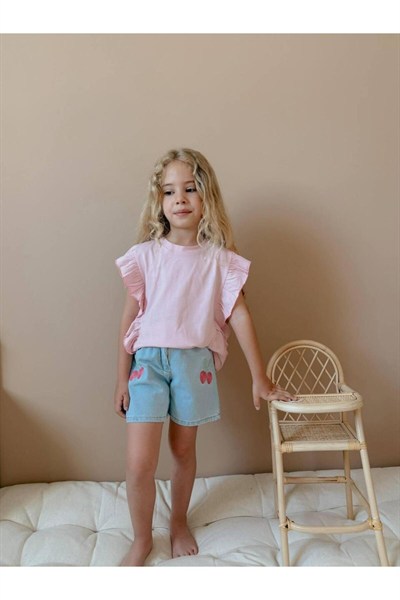 Yigit Butik Kiraz Nakışlı Denim Şortlu Kız Çocuk Takım