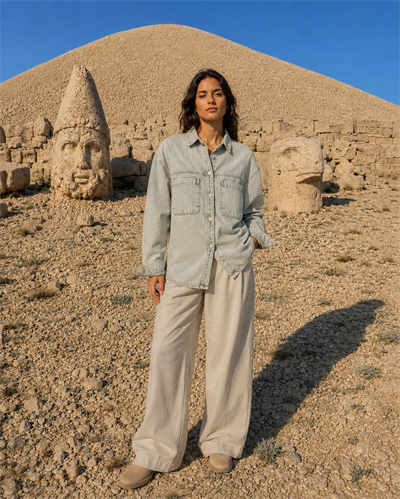  Kadın Oversize Kot Gömlek Çift Cepli Bölmeli Denim Gömlek Uzun Kollu