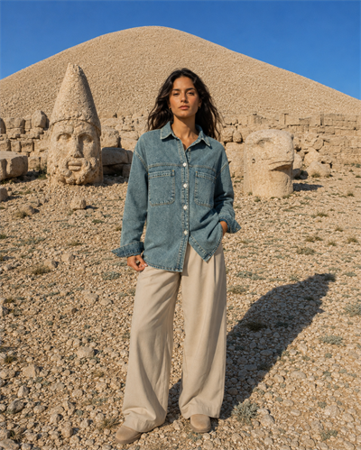  Kadın Oversize Kot Gömlek Çift Cepli Bölmeli Denim Gömlek Uzun Kollu