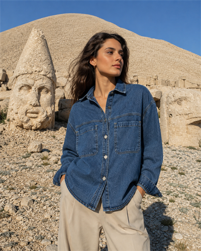  Kadın Oversize Kot Gömlek Çift Cepli Bölmeli Denim Gömlek Uzun Kollu