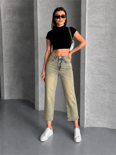  Yüksek Bel Cropped Kalıp Dar Paça Jean Pantolon