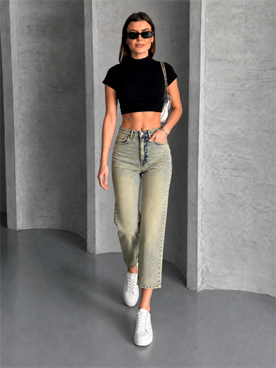  Yüksek Bel Cropped Kalıp Dar Paça Jean Pantolon