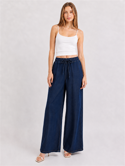 Beli Lastik Wide Leg Palazzo Kot Pantolon Koyu Mavi
