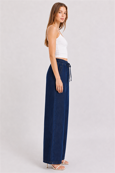 Beli Lastik Wide Leg Palazzo Kot Pantolon Koyu Mavi