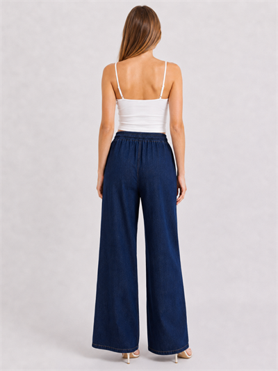 Beli Lastik Wide Leg Palazzo Kot Pantolon Koyu Mavi