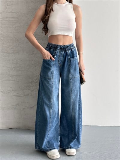 Beli Lastikli Tasarım Geniş Paça Jean