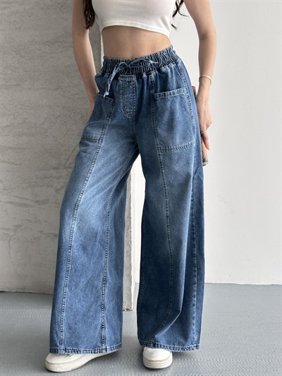 Beli Lastikli Tasarım Geniş Paça Jean