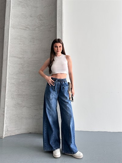 Beli Lastikli Tasarım Geniş Paça Jean