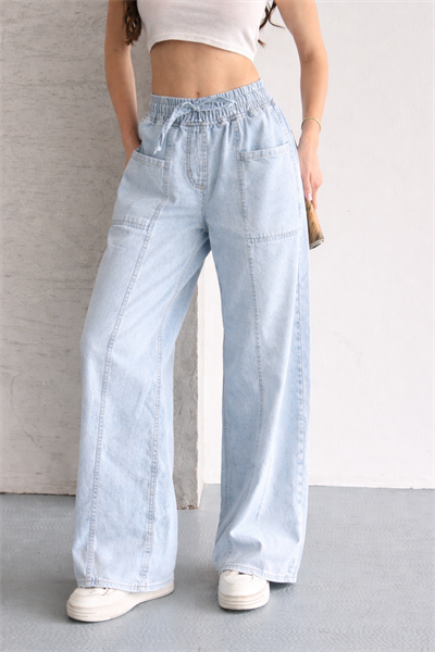 Beli Lastikli Tasarım Geniş Paça Jean