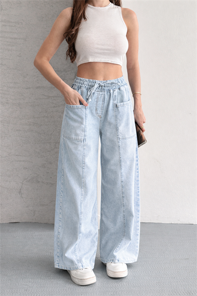 Beli Lastikli Tasarım Geniş Paça Jean