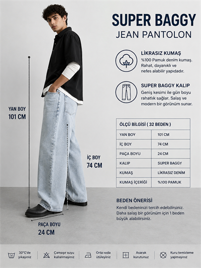Erkek Super Baggy Jean Pantolon Bol Paça Oversize Kalıp Yıkamalı Denim Kot Pantolon