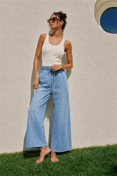 Kadın Beli Lastikli Bağcıklı Bol Paça Rahat Kesim Jean Pantolon
