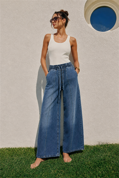 Kadın Beli Lastikli Bağcıklı Bol Paça Rahat Kesim Jean Pantolon