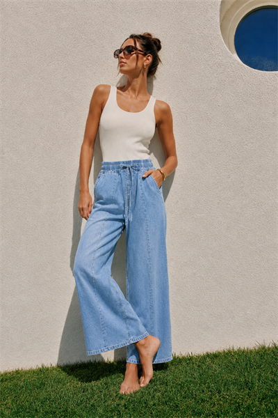 Kadın Beli Lastikli Bağcıklı Bol Paça Rahat Kesim Jean Pantolon