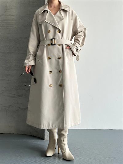 Oversize Uzun Kuşaklı Trençkot