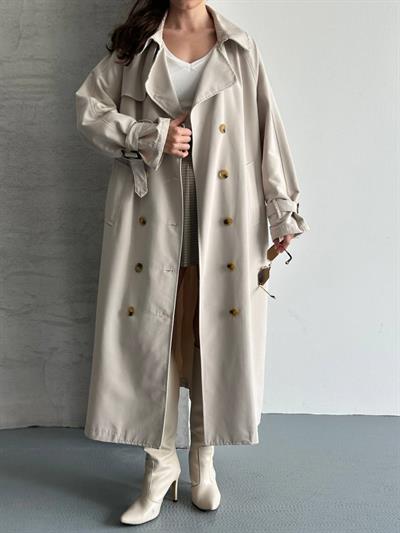 Oversize Uzun Kuşaklı Trençkot