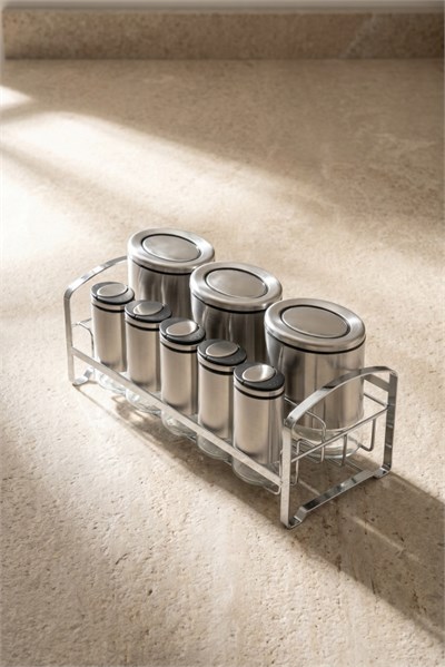 Acar Inox Kaplama 8 Parça Standlı Cam Baharat Seti 