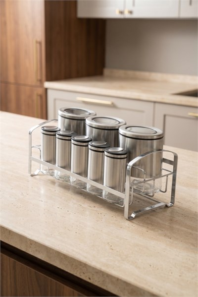 Acar Inox Kaplama 8 Parça Standlı Cam Baharat Seti 