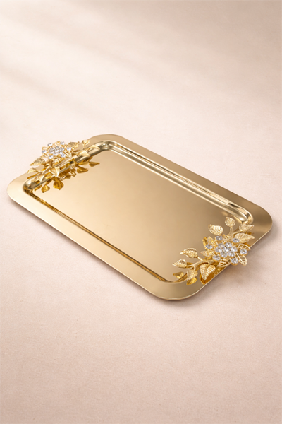 Dikdörtgen Broşlu Gold Tepsi
