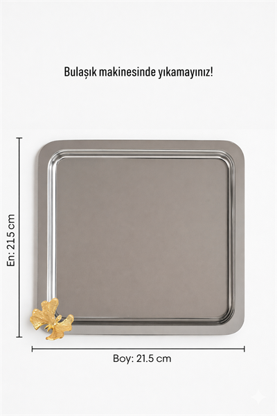 Gold Kelebekli Gümüş Kahve Sunum Tepsisi