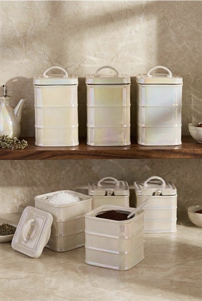 Perotti Bianca Pearl 7li Porselen İnci Sedefli Kulplu Kapaklı Kare Baharatlık Takımı