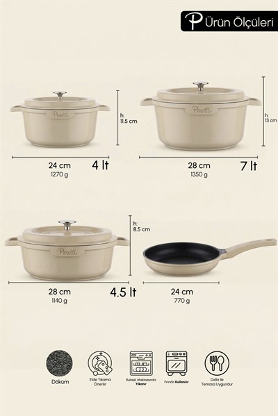 Chef Cast Beige İndüksiyon Tabanlı 7 Parça Döküm Tencere Seti
