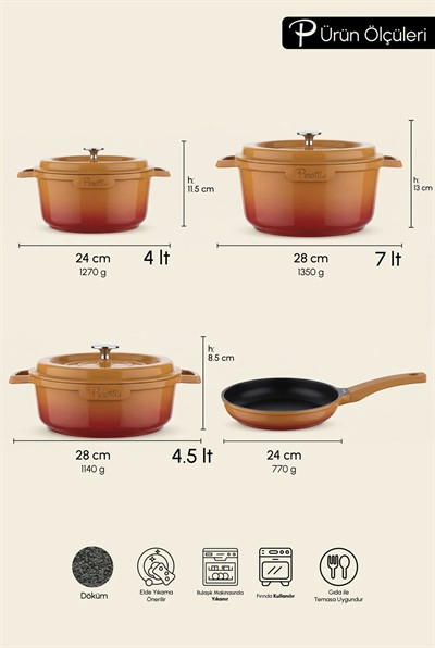 Perotti Chef Cast Orange İndüksiyon Tabanlı 7 Parça Döküm Tencere Seti