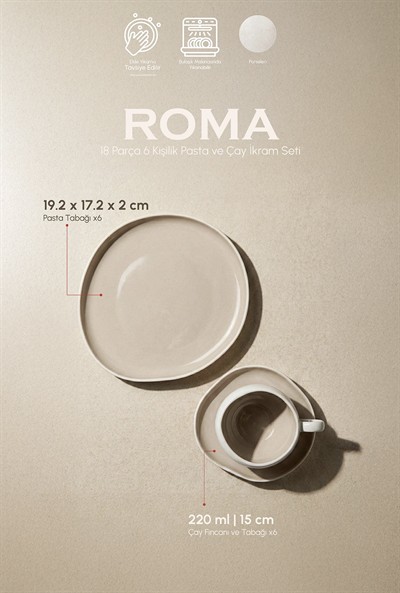 Perotti Roma Beige 18 Parça Porselen Pasta ve Çay İkram Seti