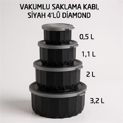 Vip Ahmet Vakumlu Saklama Kabı 4Lü Diamond 3 L + 2 L + 1 L + 05 L Siyah