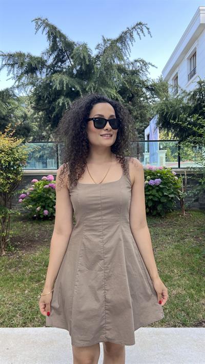 Poplin Kumaş Vizon Kısa Elbise