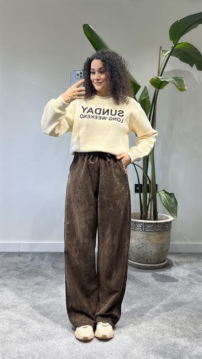 Kahverengi Kadife Bol Paça Pantolon