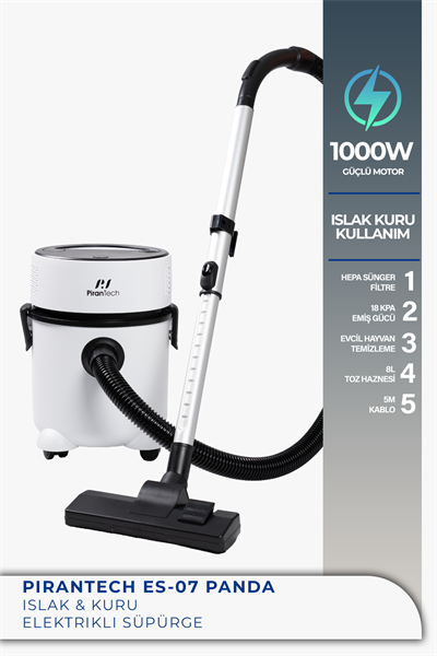 Pirantech Es-07 Panda Islak & Kuru Elektrikli Süpürge | 1000W Güçlü Motor | Hepa Filtreli