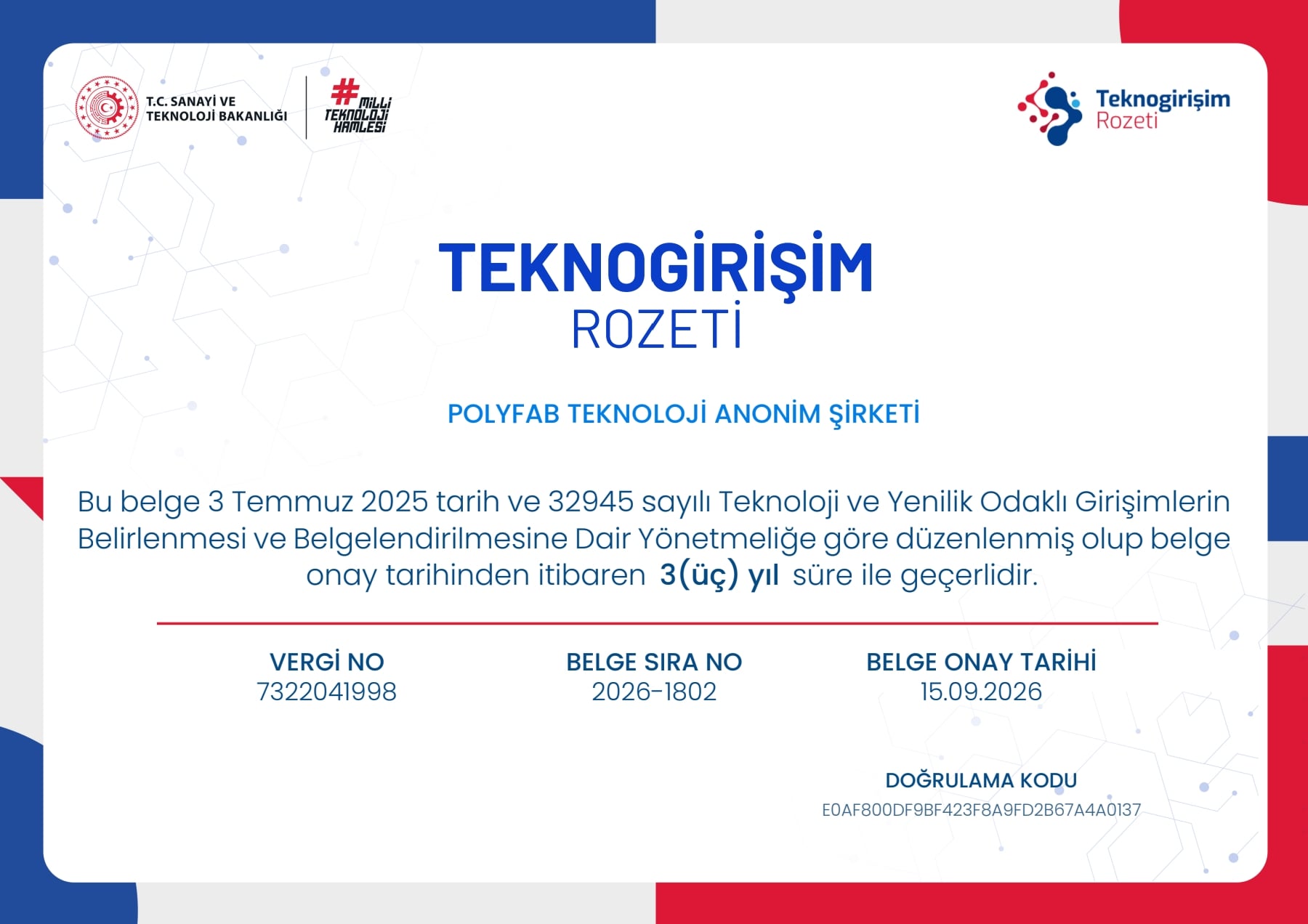 Polyfab Teknoloji A.Ş. PolyPrintt Teknogirişim Rozeti Belgesi – T.C. Sanayi ve Teknoloji Bakanlığı