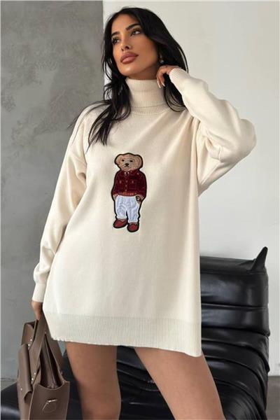 Ayıcıklı Kazak - Balıkçı Yaka Teddy Bear Aplikli Oversize Kadın Triko Kazak 650