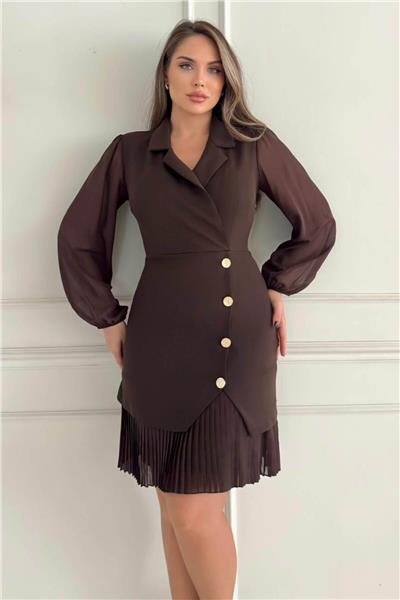 Kruvaze Blazer Şifon Uzun Kol Altın Düğmeli Plise Detaylı Midi Elbise (Kırmızı/Siyah/Kahve) 2665