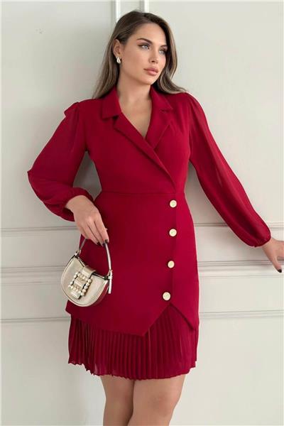 Kruvaze Blazer Şifon Uzun Kol Altın Düğmeli Plise Detaylı Midi Elbise (Kırmızı/Siyah/Kahve) 2665