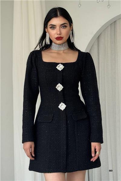 Tüvit Kumaş Büyük Taş Düğmeli Mini Elbise (Siyah & Ekru) 753