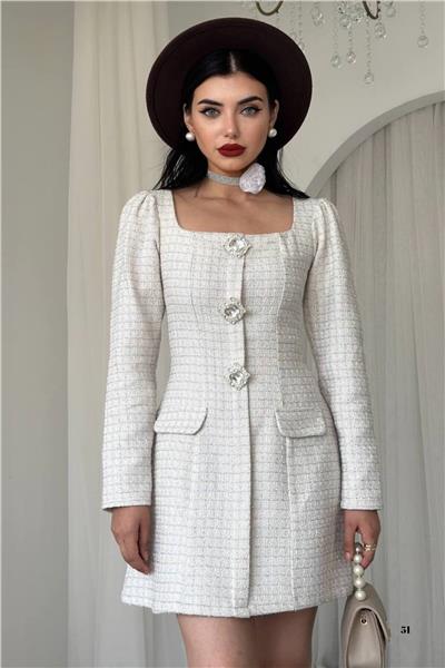 Tüvit Kumaş Büyük Taş Düğmeli Mini Elbise (Siyah & Ekru) 753