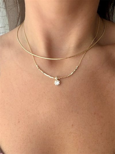 14K gold renk altın kaplama choker şık zincir ile tek taş detaylı kare dorikalı harika 2'li kolye seti