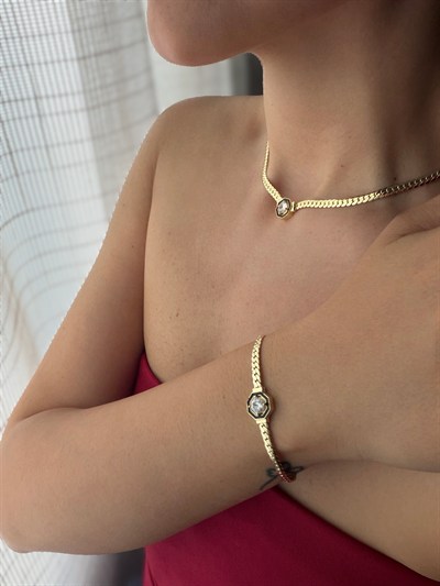 14K gold renk altın kaplama,çok sevilen ve şık bileklik ve kolye seti