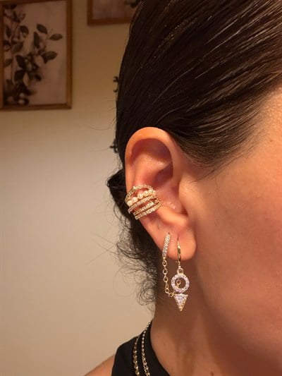 14K gold renk altın kaplama,inci zirkon taş ve yıldız detaylı,özel temalı kıkırdak küpesi earcuff