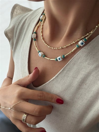 14K gold renk nazar temalı doğaltaş detaylı dorika zincirle kombin 2'li kolye