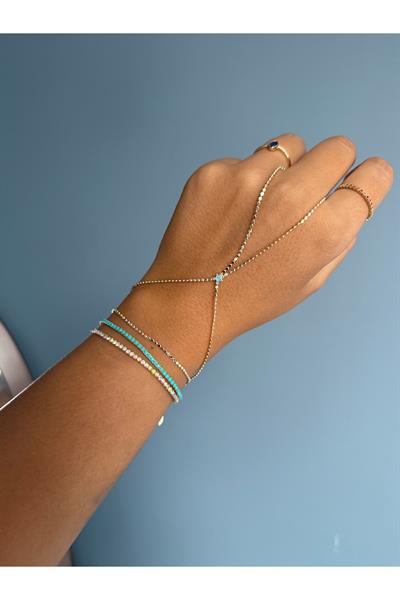 14K gold renk, ortası mavi çiçek zirkon taşlı çift sarmalı ezme zincir şahmeran 🩵