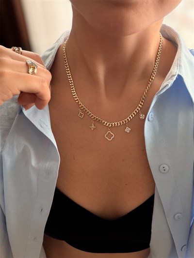 14K gold renk, vanclf charm,tasarım şans kolyesi