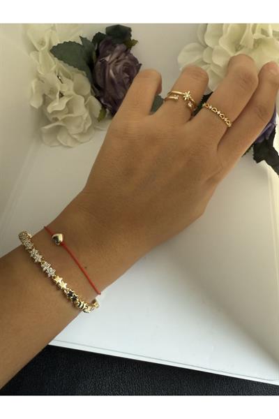 14K gold renk,premium,yıldız detaylı bileklik ve 2’li yüzük ✨